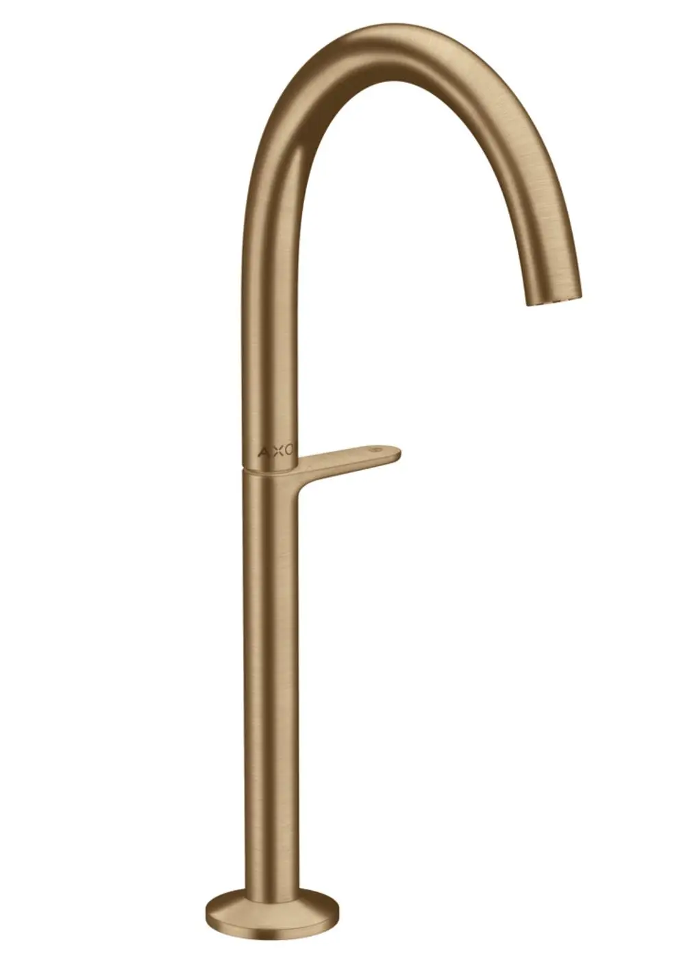Waschtischmischer mit hohem, gebogenem Auslauf in gebürstetem Bronze-Finish von AXOR. Mit seitlichem Hebel und integrierter Push-Open Ablaufgarnitur.